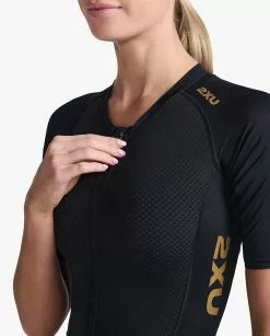 2XU Light Speed Trisuit Korte Mouw Zwart Dames -Goedkope Sport Glans Winkel 2xu light speed sleeved trisuit korte mouw wt7018d blk gld 021