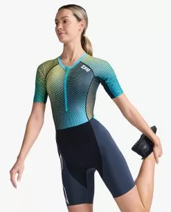 2XU Aero Trisuit Korte Mouw Blauw/groen Dames -Goedkope Sport Glans Winkel 2xu trisuit aero sleeved wt6431d idk wht 006