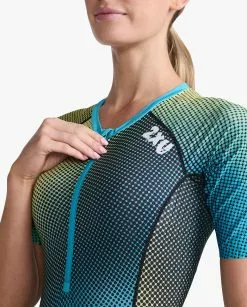 2XU Aero Trisuit Korte Mouw Blauw/groen Dames -Goedkope Sport Glans Winkel 2xu trisuit aero sleeved wt6431d idk wht 021