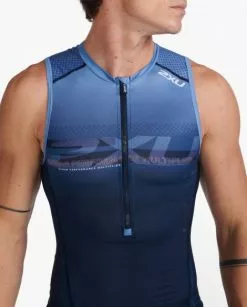 2XU Aero Front Zip Trisuit Mouwloos Blauw Heren -Goedkope Sport Glans Winkel 2xu trisuits heren aero front zip sleeveless mt6428a mdn tur 05