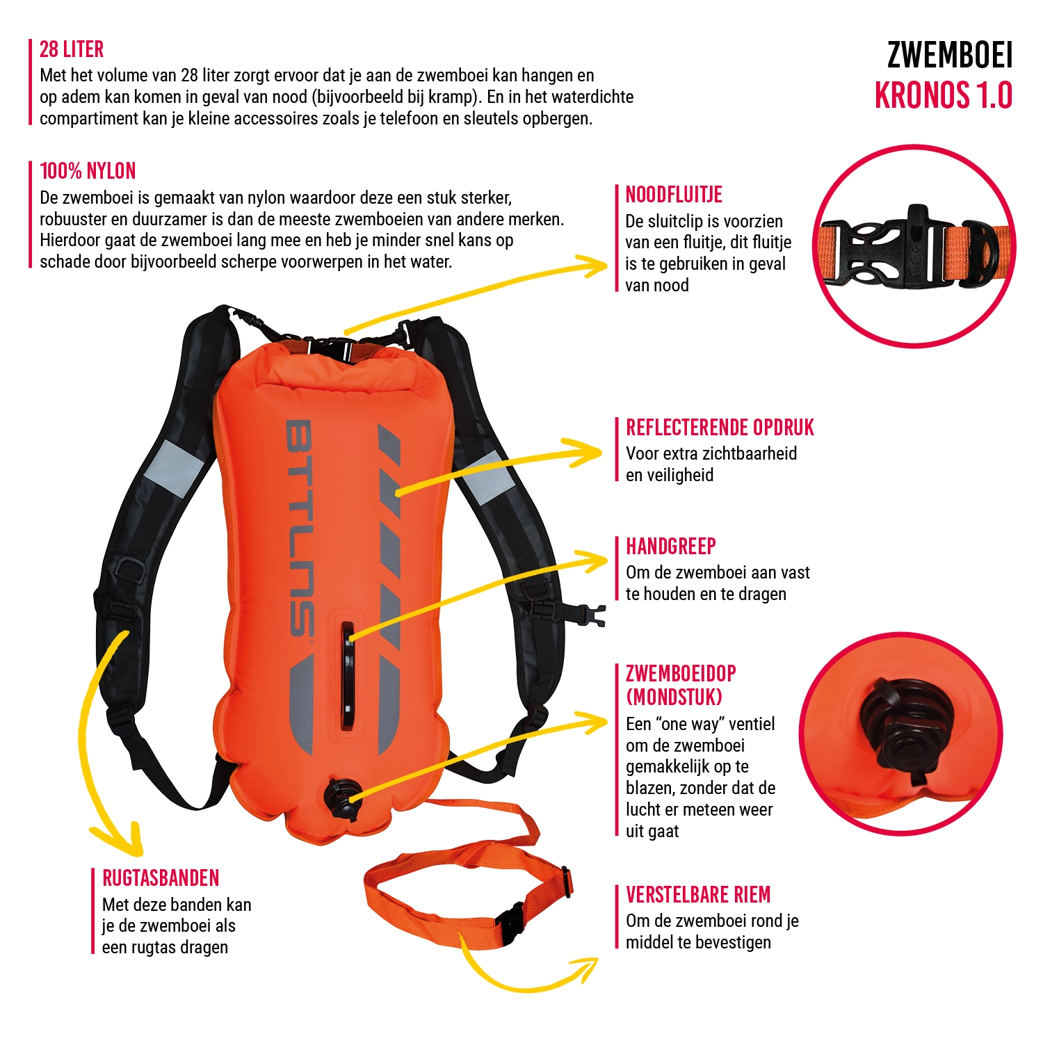 BTTLNS Kronos 1.0 Safeswimmer Backpack Zwemboei 28 Liter Oranje 4 BTTLNS Kronos 1.0 Safeswimmer Backpack Zwemboei 28 Liter Oranje - Afbeelding 2